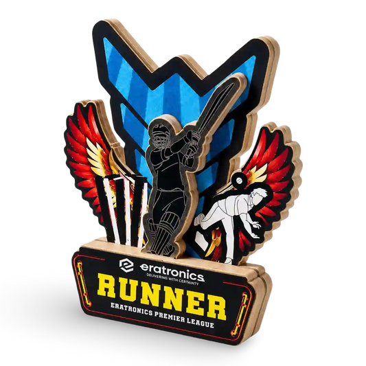 Cricket runner up trophy acrylic wooden base UV print custom engraving India