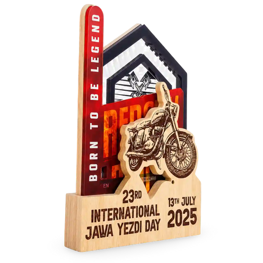 Custom engraved wood-and-acrylic cycling trophy