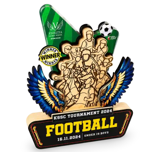 Custom engraved wood-and-acrylic football tournament trophy