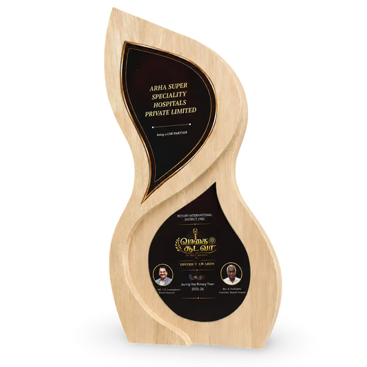 Engraved wooden trophy with dual acrylic appreciation panels