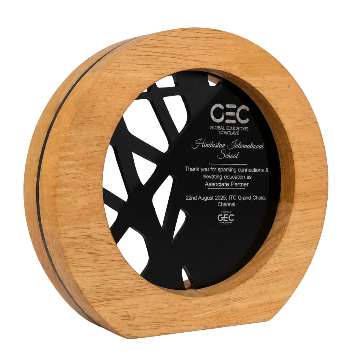 Wooden circular award with a black center displaying text and 'CEC' branding.