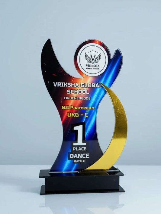 EcoTrophy corporate recognition trophy in sustainable wood and acrylic with green accent