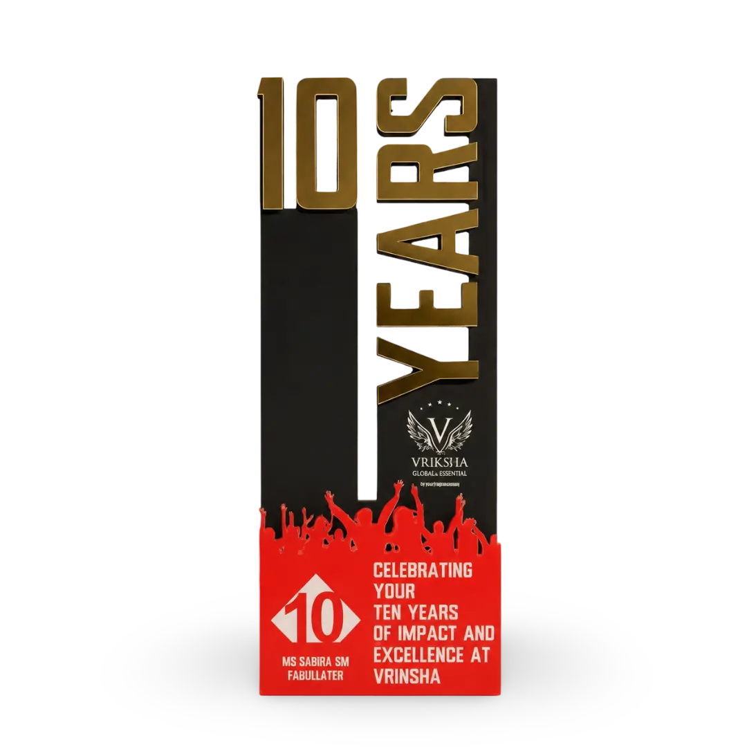 Custom 10-year employee service recognition award in wood and acrylic, front view