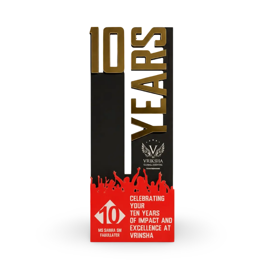 Custom 10-year employee service recognition award in wood and acrylic, front view