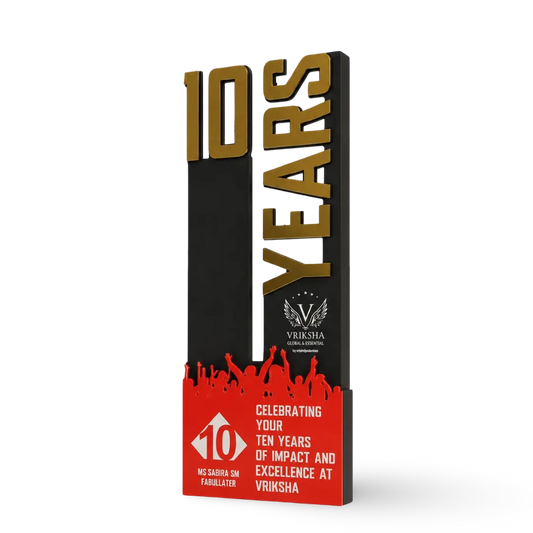 10-year employee service recognition trophy in wood and acrylic, side view