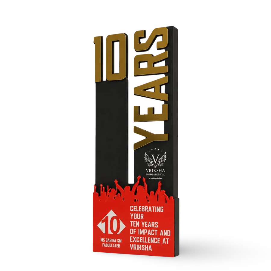 Custom 10-year employee service recognition award in wood and acrylic, side view