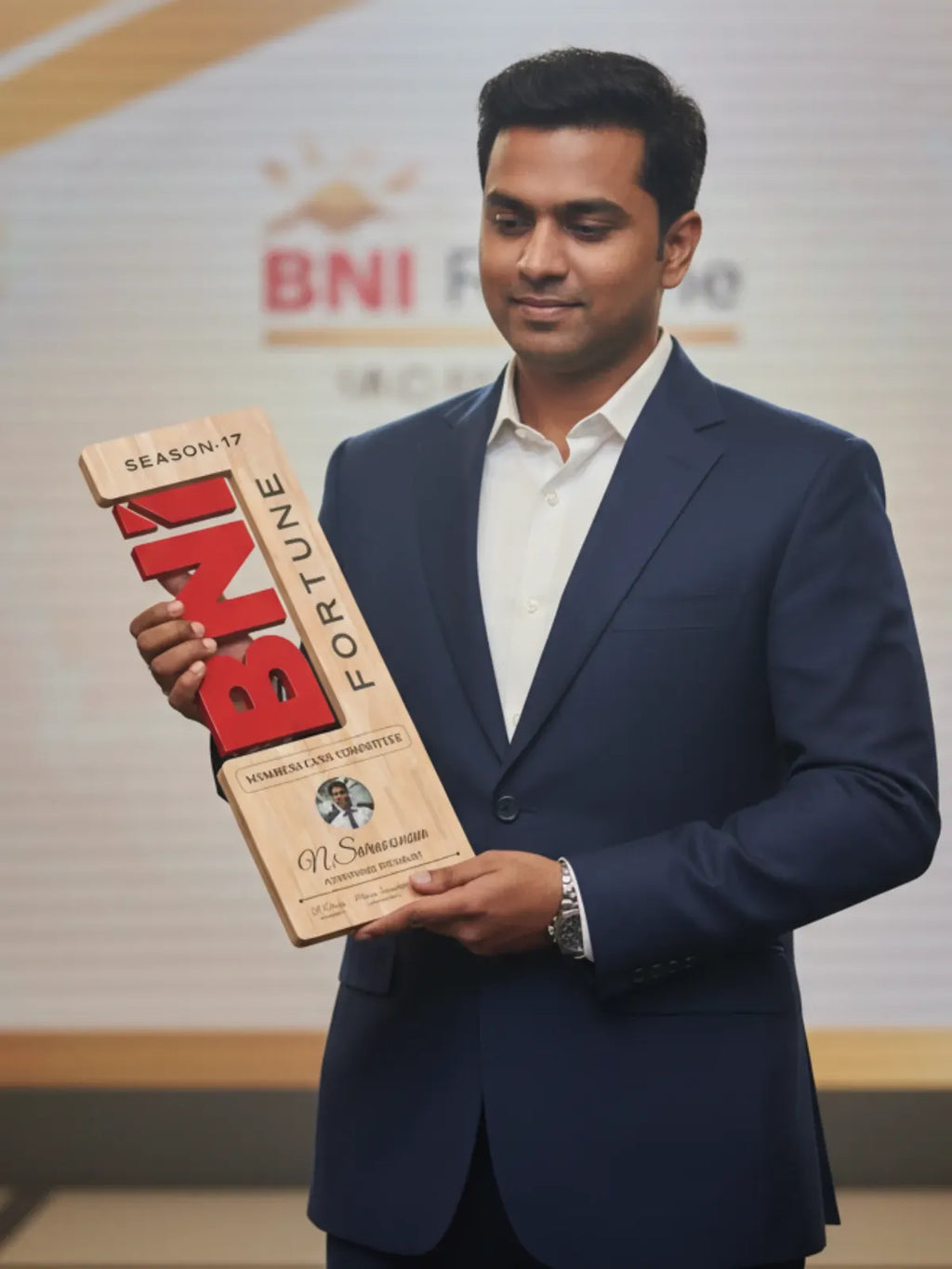 Man holding a BNI Fortune award in front of a branded backdrop