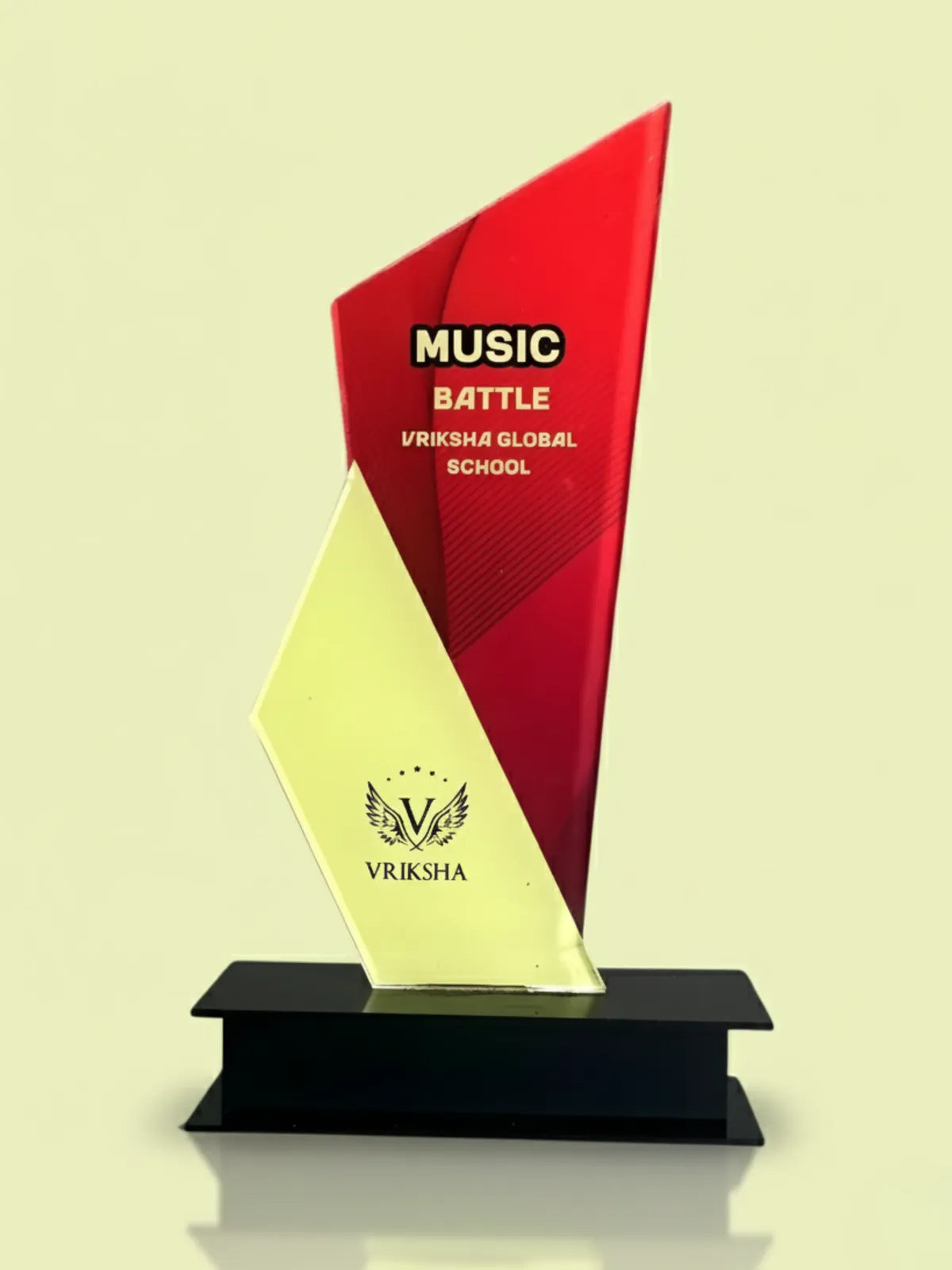 Trophy with red and yellow design on a beige background