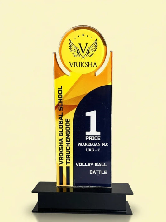 Trophy with Vriksha Global School logo and text on a beige background