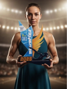 Athlete holding a trophy with a blurred stadium background