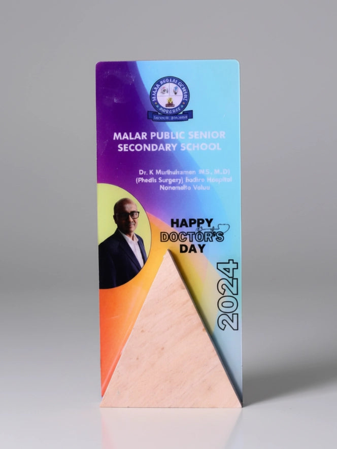 Colorful card with a person's photo and 'Happy Doctor's Day 2024' text on a gray background
