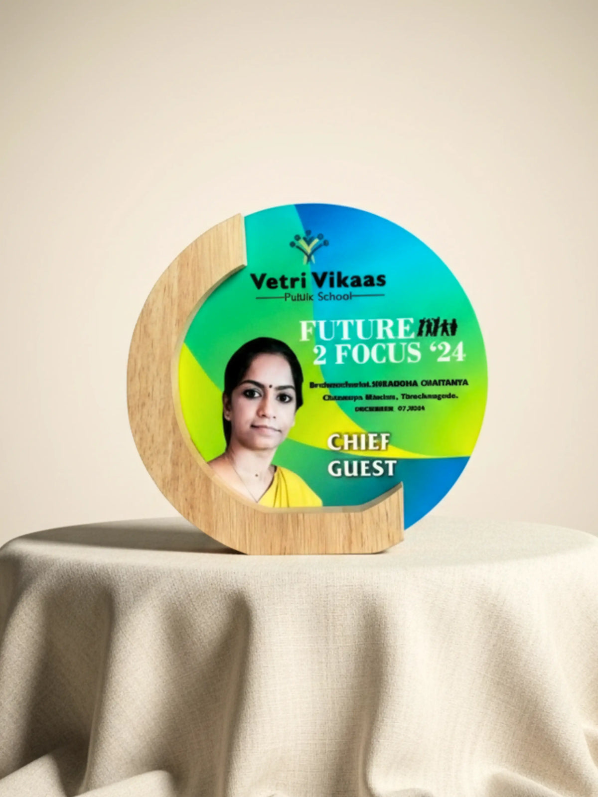 Detailed view of the trophy’s base, featuring a personalized nameplate with crisp, easy-to-read engraving.