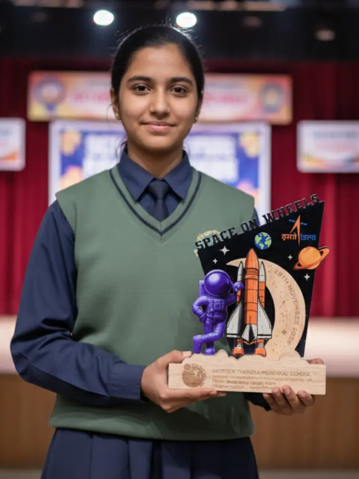 Young girl in school uniform holding a space-themed award