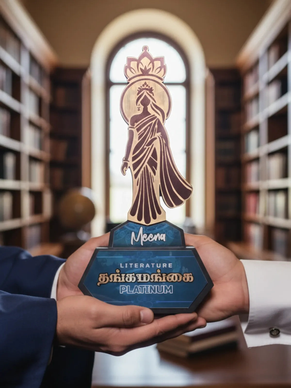 Person holding a trophy with a statue and 'Meena' branding in a library setting