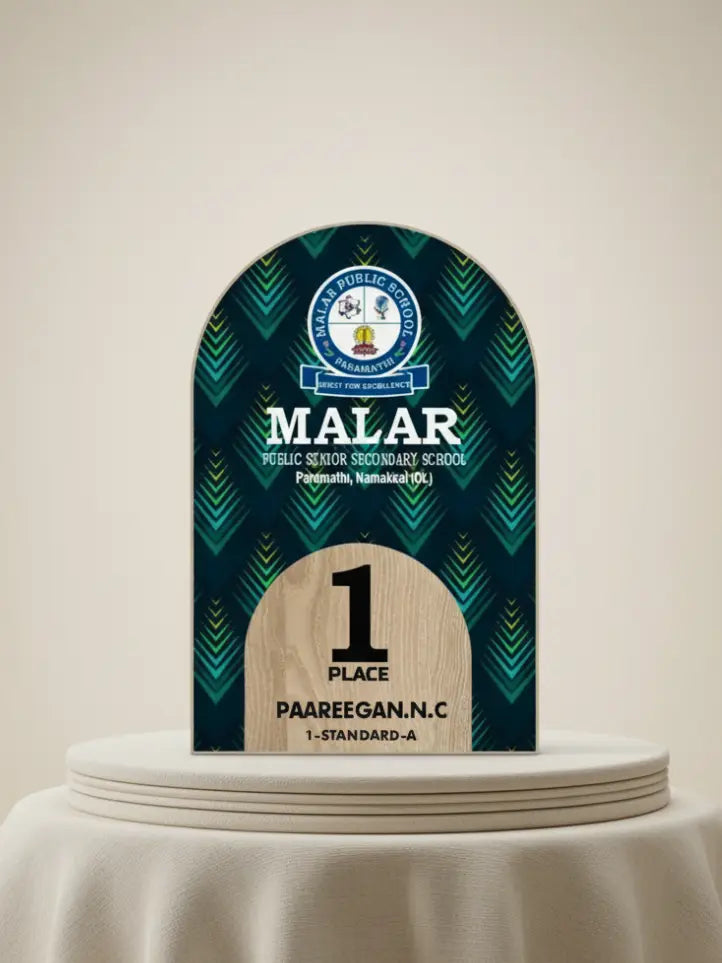 A blue and green trophy with 'Malar' branding on a beige background