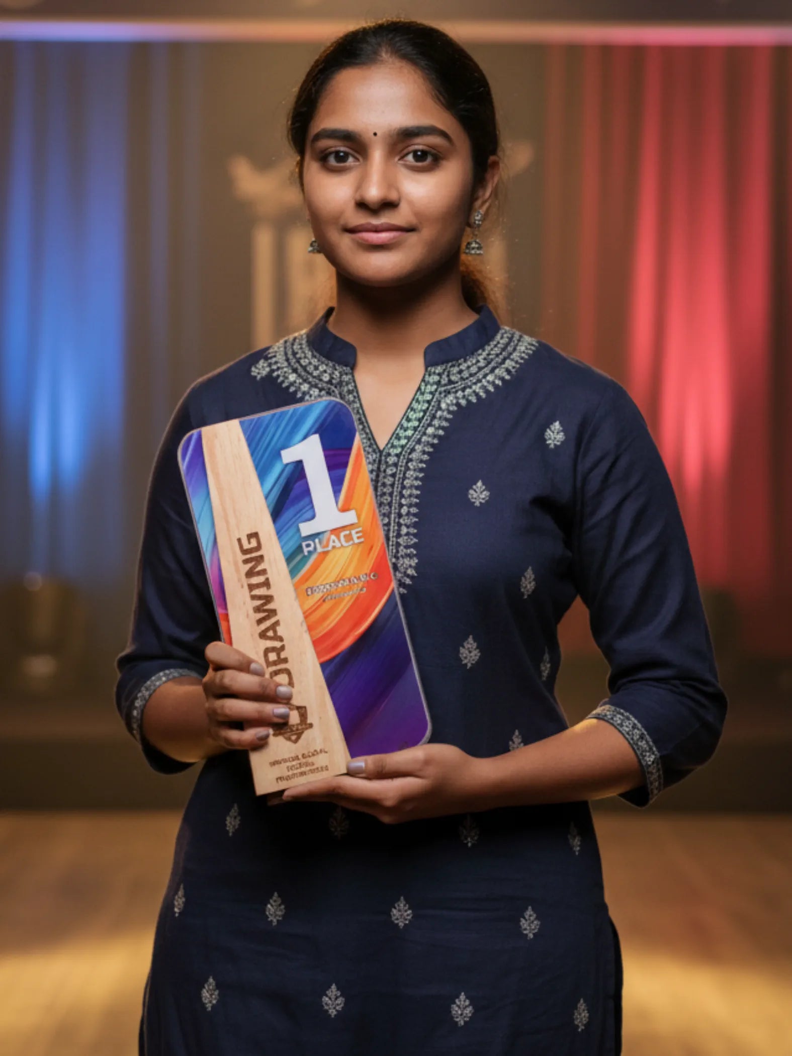 Unique tower design drawing trophy for first place winners - elegant golden award for art competitions and artistic achievements