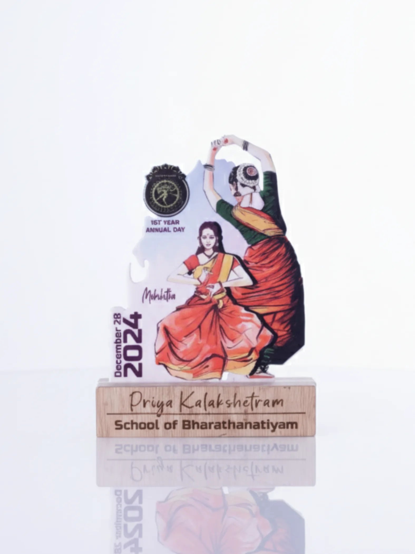 Card with a dancer in traditional attire and text on a white background
