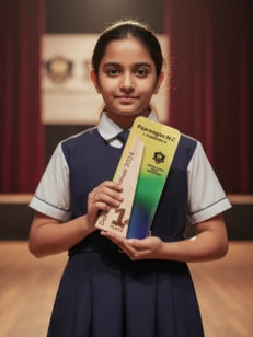 Young girl holding two books in a formal setting