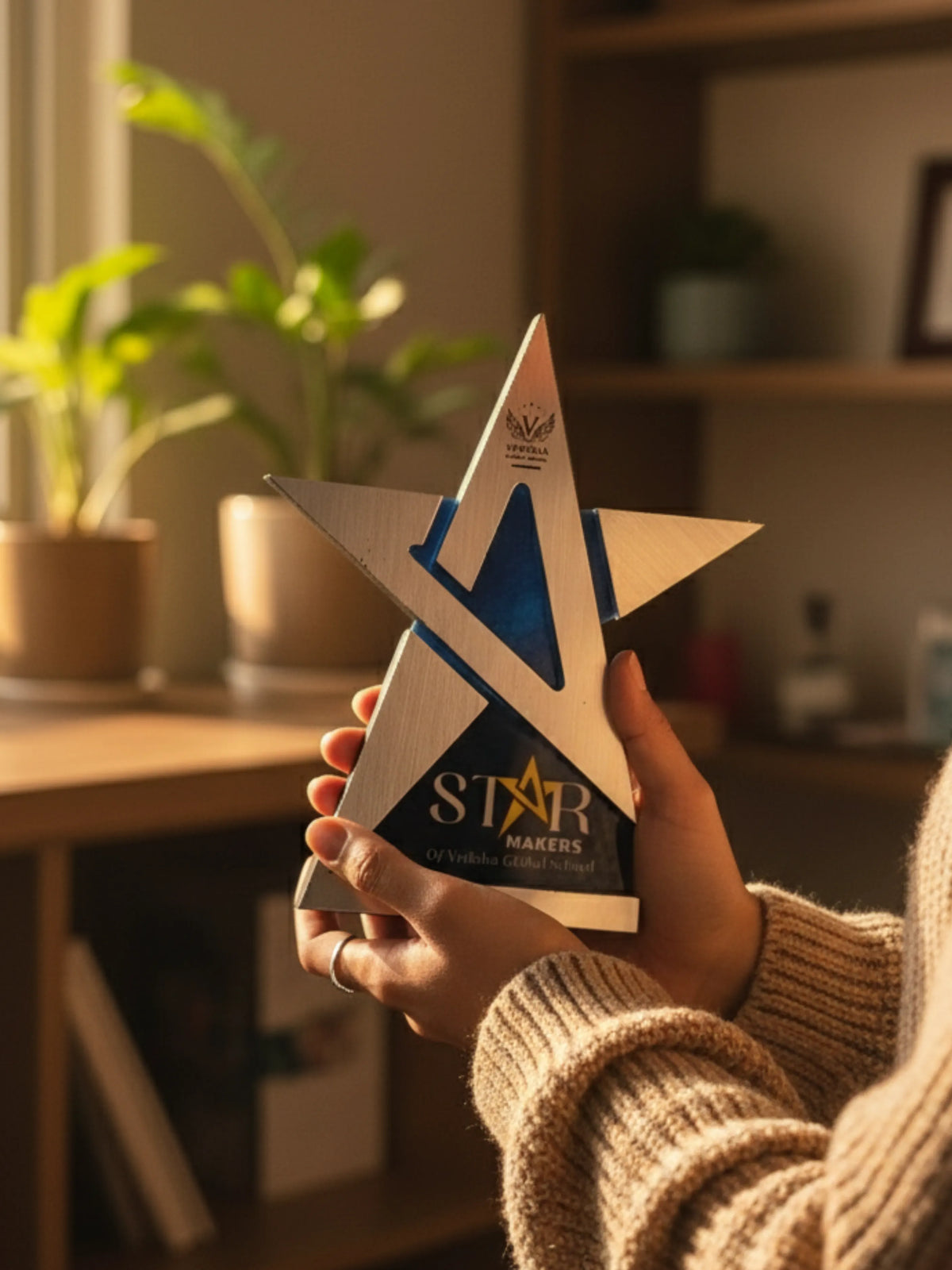 Person holding a star-shaped award in a home setting with plants in the background