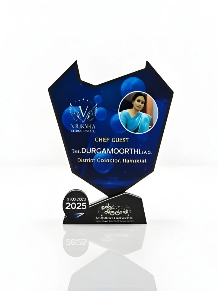 Blue and black card with a portrait and text on a white background