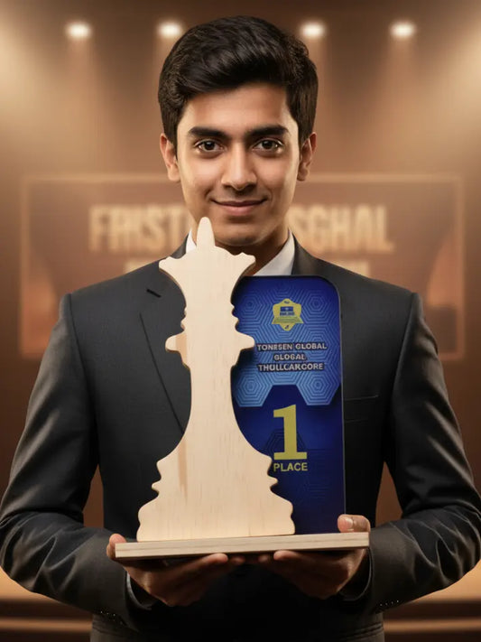 Man holding a large chess piece trophy with '1st Place' on a blurred background