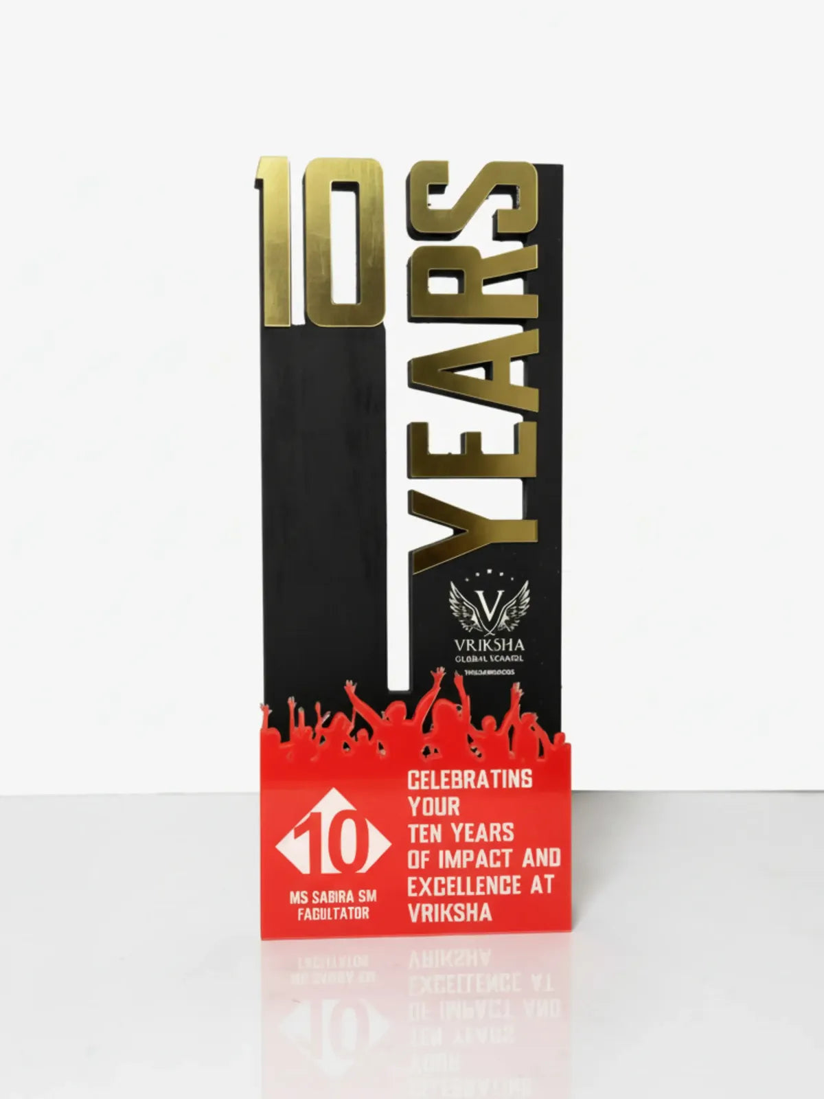 Trophy with '10 Years' text and red base on a white background