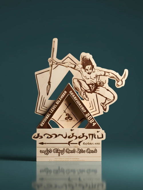 Wooden trophy with engraved design on a reflective surface