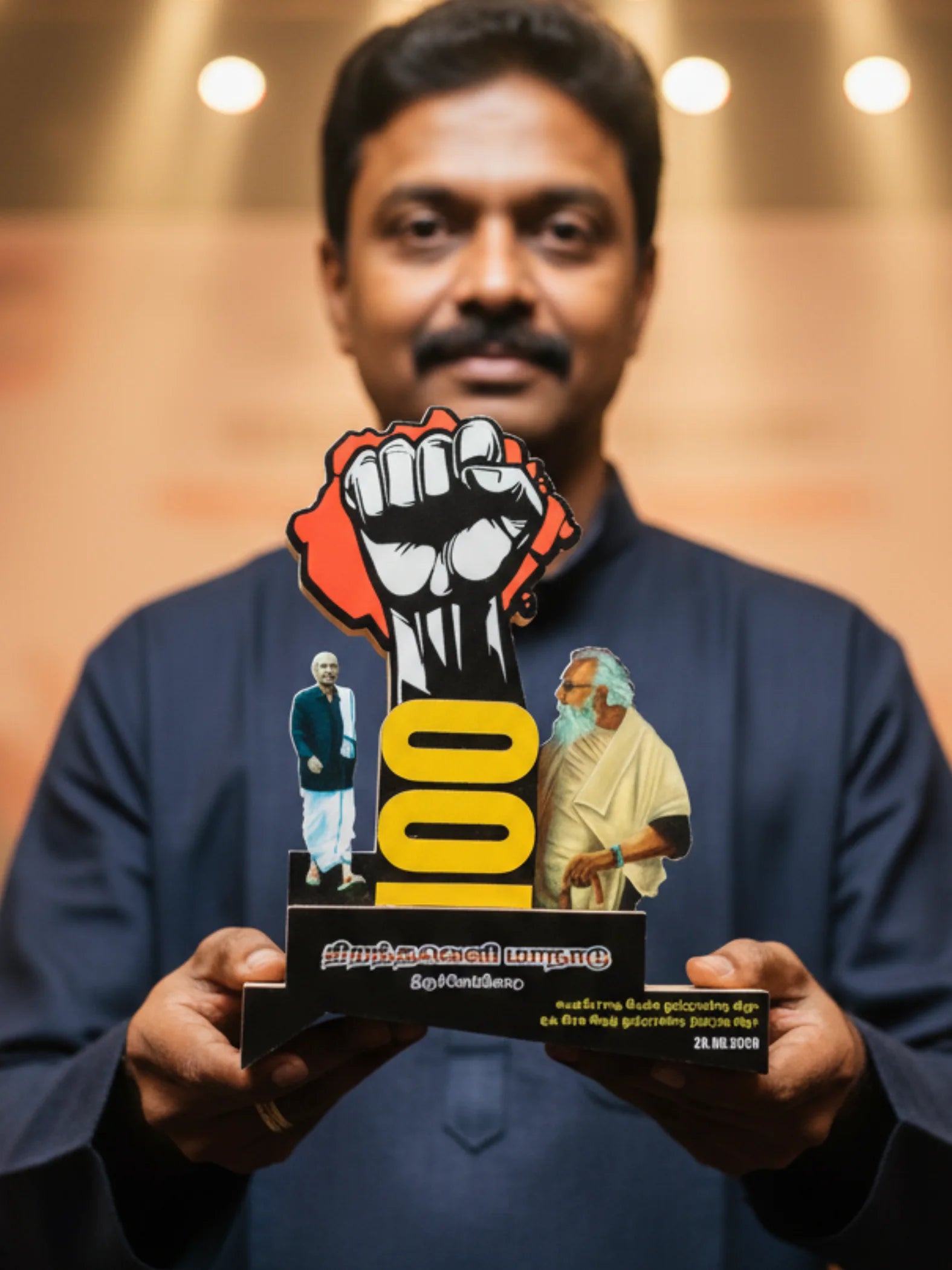 Man holding a cardboard cutout with a raised fist and two people on a blurred background