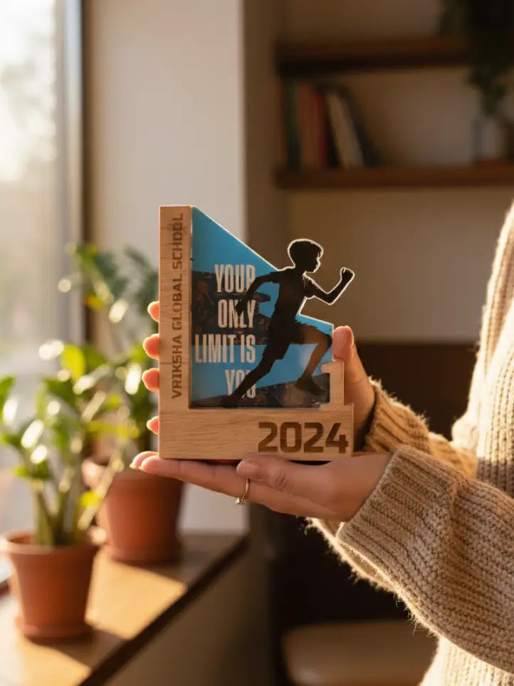 Person holding a wooden award with a blue silhouette and text in a home setting