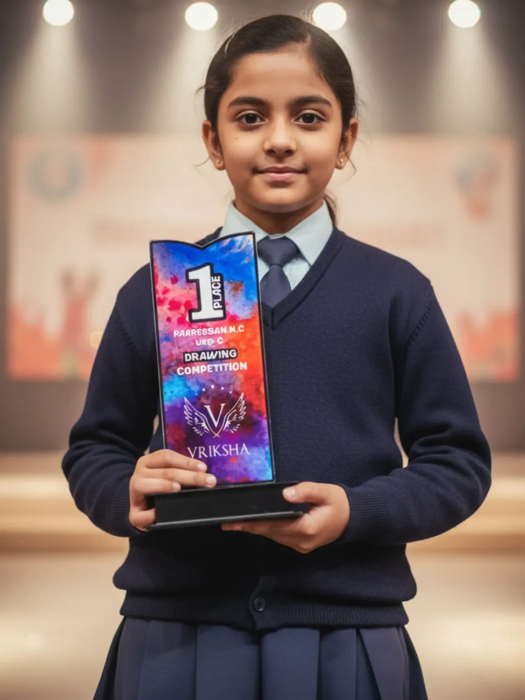 Close-up of premium acrylic drawing trophy showing quality materials and engraving details