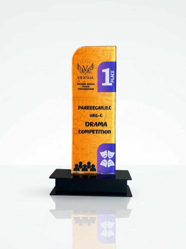 Trophy with an orange and purple design on a white background