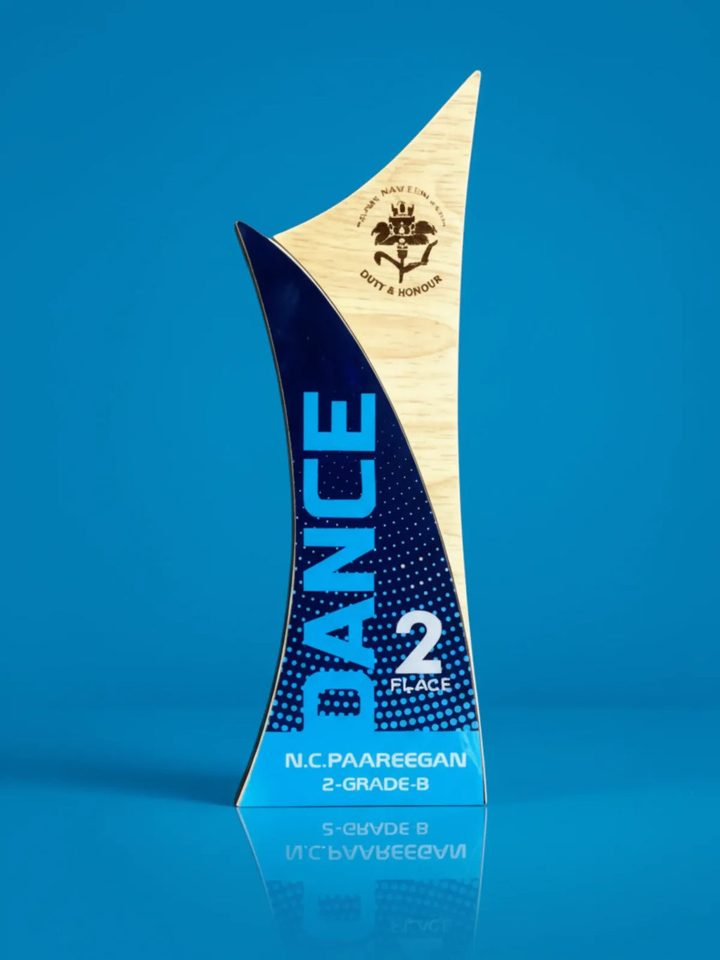 Trophy with blue and beige design on a blue background