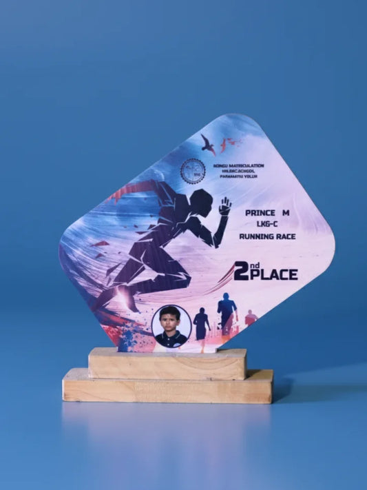 Acrylic award with a running theme on a blue background