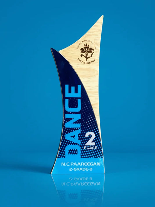 Trophy with blue and beige design on a blue background