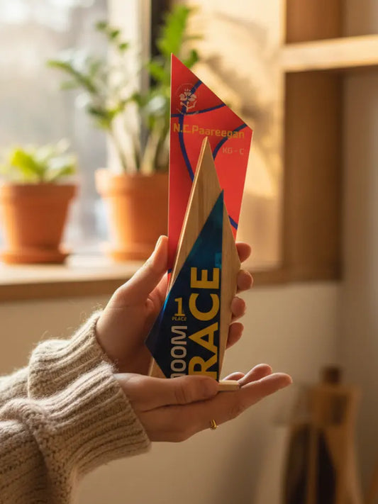 Person holding a wooden model airplane with a red and blue design, indoors.