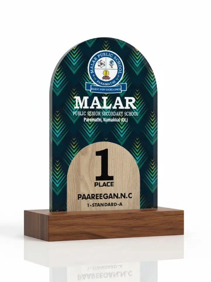 Trophy with a green and blue design and wooden base, featuring text and a logo.