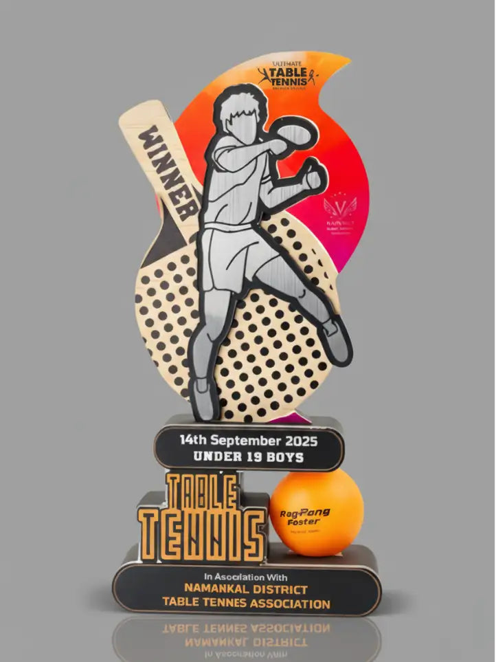 Table tennis trophy with player illustration and event details on a gray background