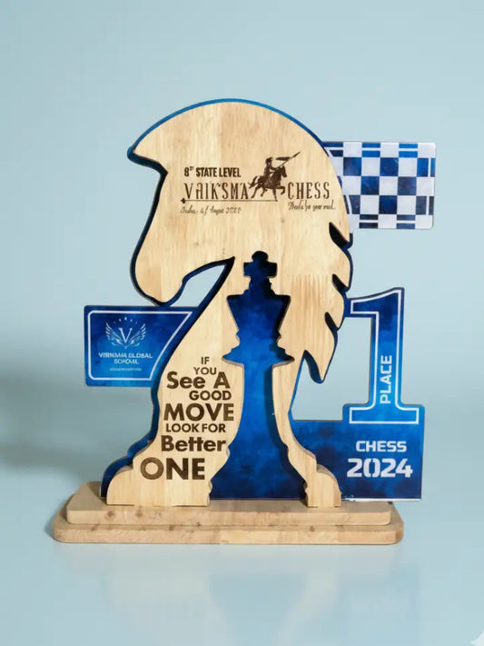 Wooden chess piece trophy with text and branding on a light blue background