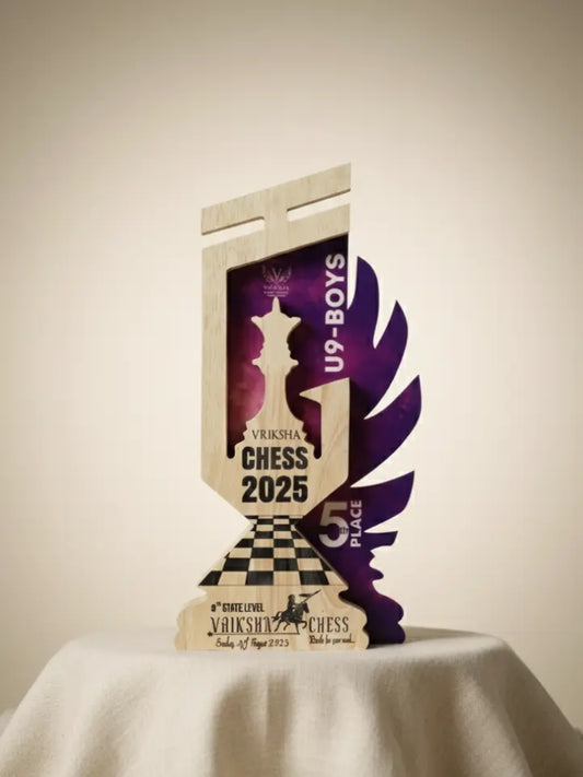Chess-themed trophy with 'Vikings Chess 2025' and 'US Boys' on a beige background