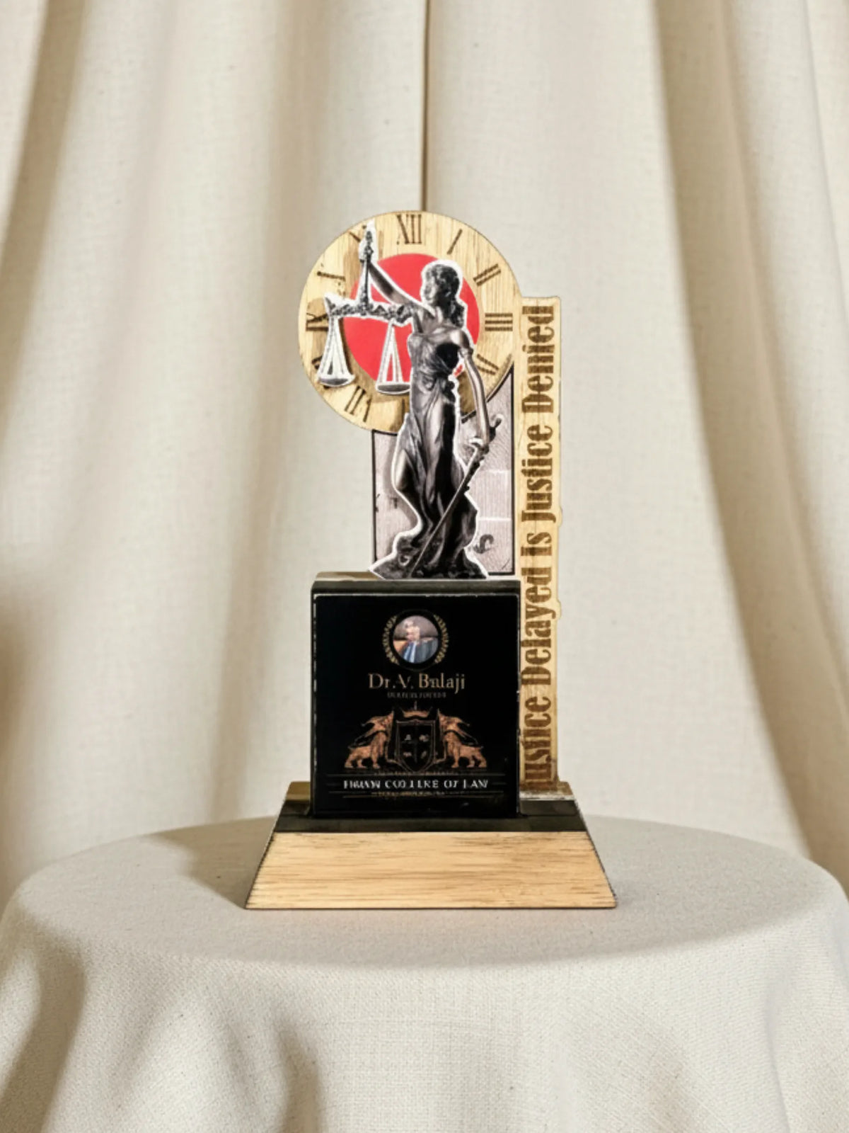Lawyer's trophy with a scale of justice on a beige curtain backgrouand