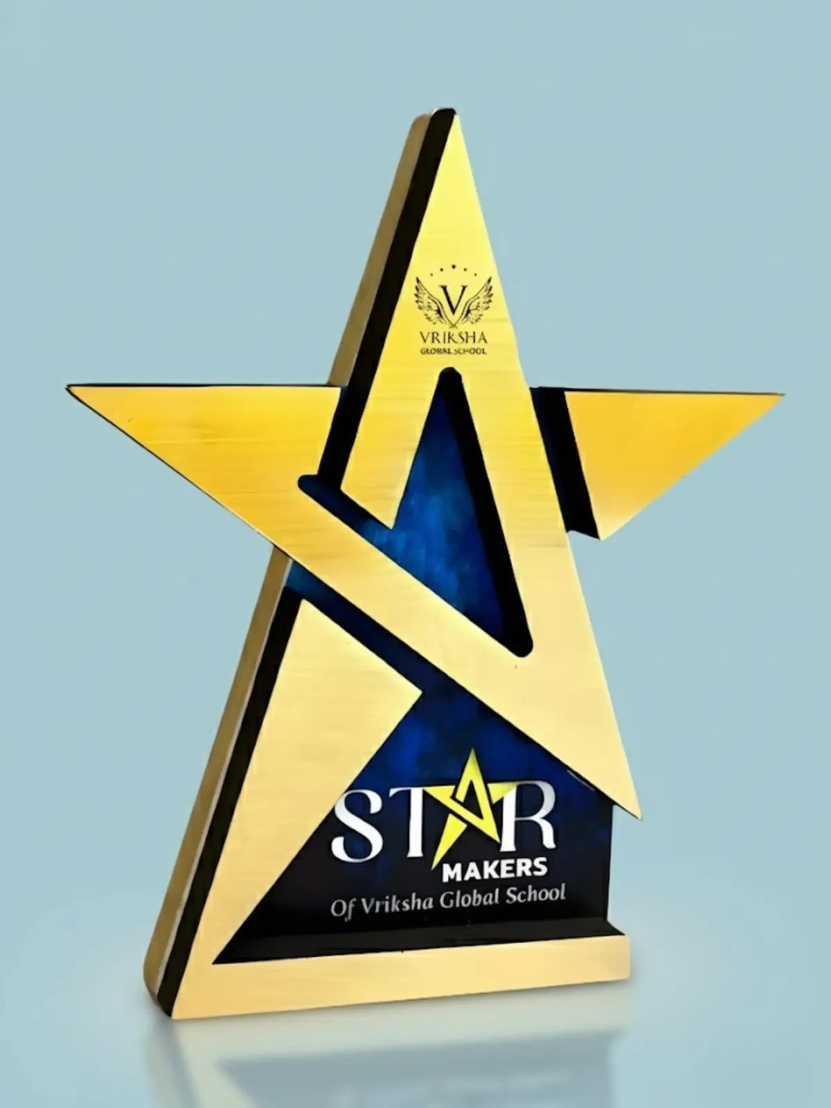 Gold star-shaped award with 'Star Makers of Vriksha Global School' text on a light blue background