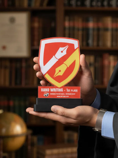 Handwriting competition trophy held in front of a bookshelf