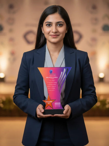 Woman holding an award with a colorful design in an indoor setting