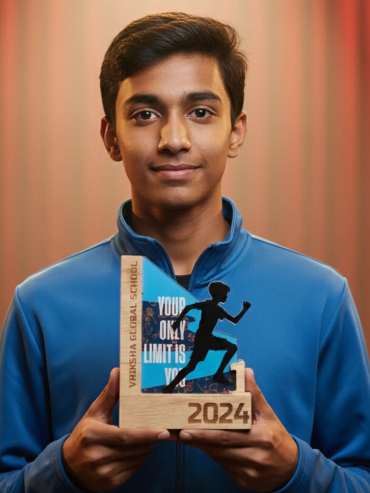 Person holding a wooden award with 'Your Only Limit is You' and '2024' text against a warm-toned curtain background.