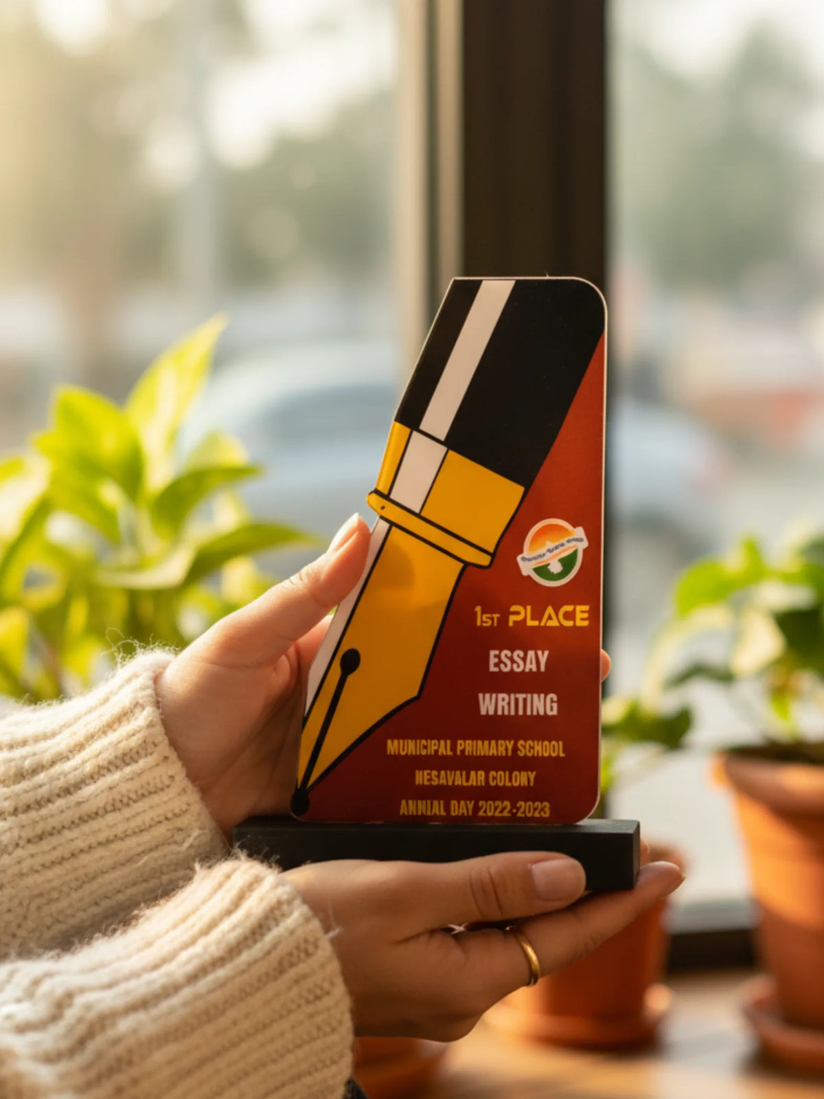 Premium acrylic essay writing award trophy for academic competitions and student achievements