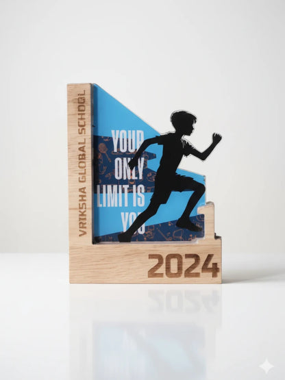 Trophy with a running silhouette and motivational text on a white background