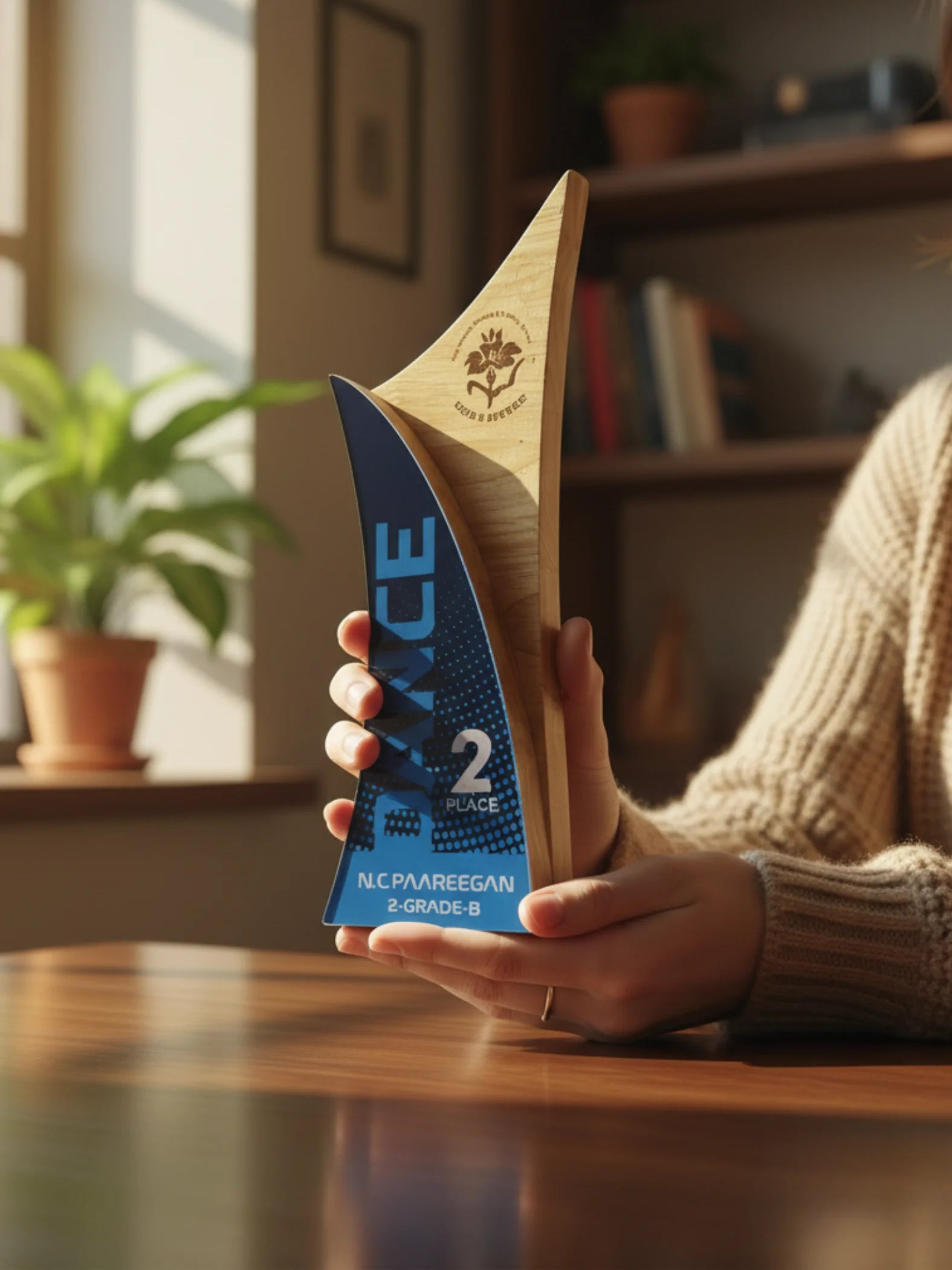 Person holding a wooden paddle with blue branding in a home setting