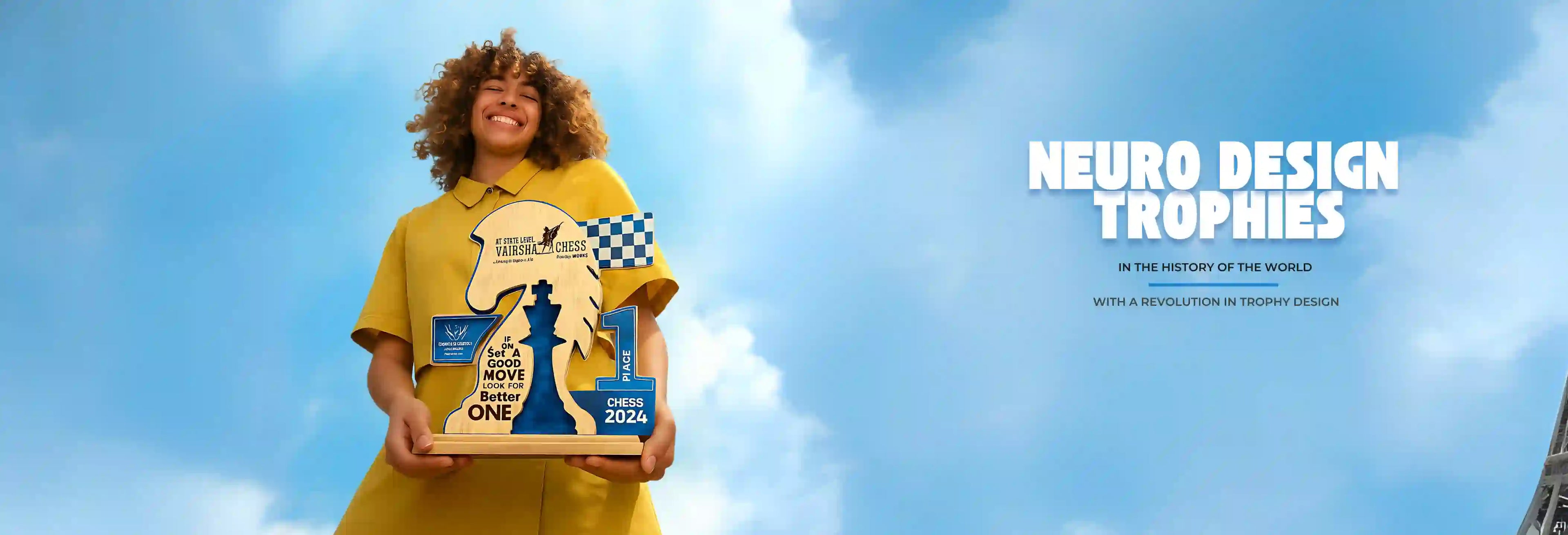 Person holding a trophy with 'Neuro Design Trophies' branding against a blue sky.