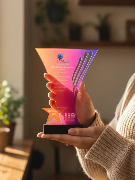 Person holding a colorful award with 'Anshara' branding in an indoor setting.