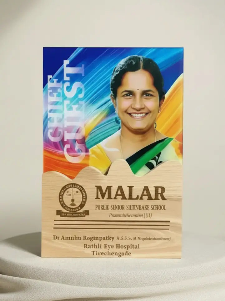 Plaque with a portrait of a woman and text on a beige background